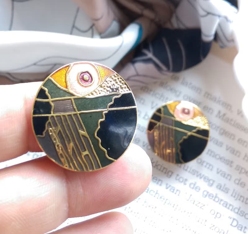 Vintage Jewelry 西洋古董飾品 景泰藍 黑色調 浮生意象 夾式耳環