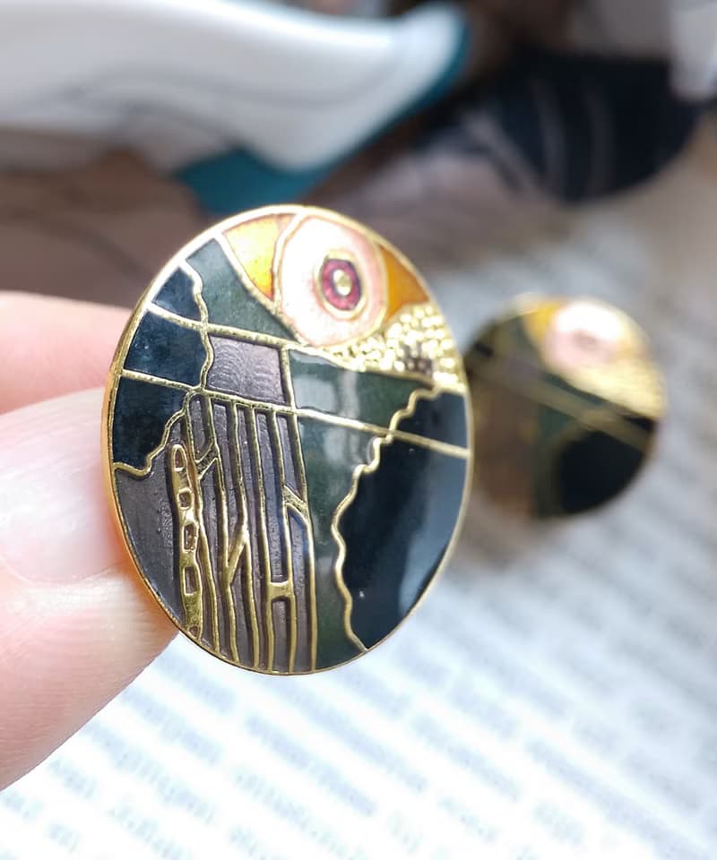 Vintage Jewelry 西洋古董飾品 景泰藍 黑色調 浮生意象 夾式耳環