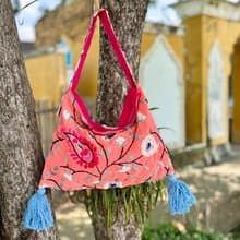 手工刺繡 粉橙色 花卉 肩背包 側背包 手袋 手提包