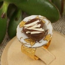 Chocolate Cake Porcelain Plate Food Miniature Golden Adjustable Ring Jewelry