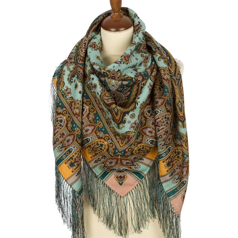 Pavlovo Posad Russian Shawl 100% Wool Scarf 125x125 cm Wrap Silk Fringe 1683-62