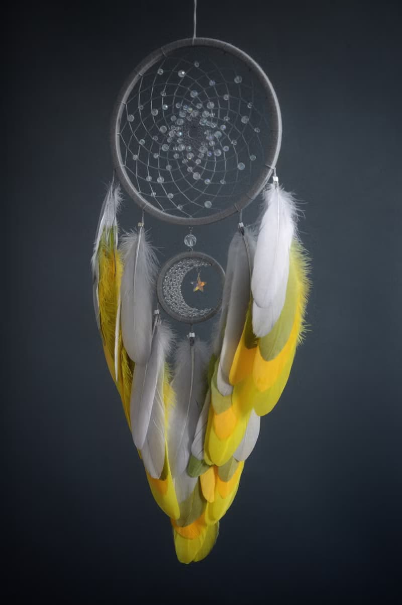 Handcrafted Dream Catcher with Sparkling Crystals and Vibrant Yellow Feathers