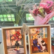 意樹學院—原創油畫相框一組 窗邊花束+花與貓