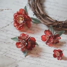 椿花 山茶花 不對稱耳環 水晶花 樹脂花 耳環耳夾