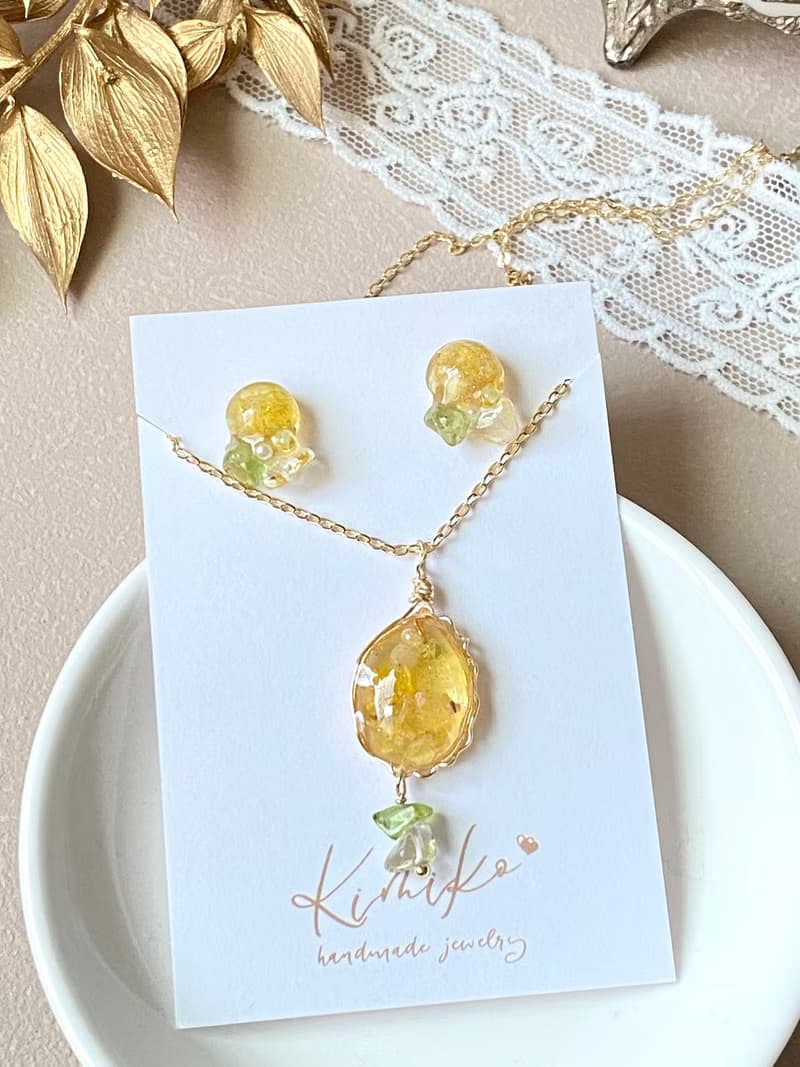 【不鏽鋼耳針・項鍊套裝組】金黃初秋光語 ・自然四季色彩