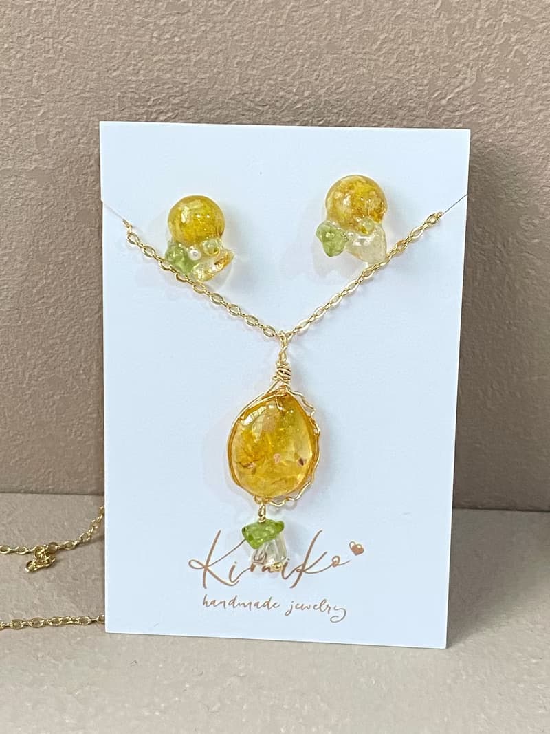 【不鏽鋼耳針・項鍊套裝組】金黃初秋光語 ・自然四季色彩