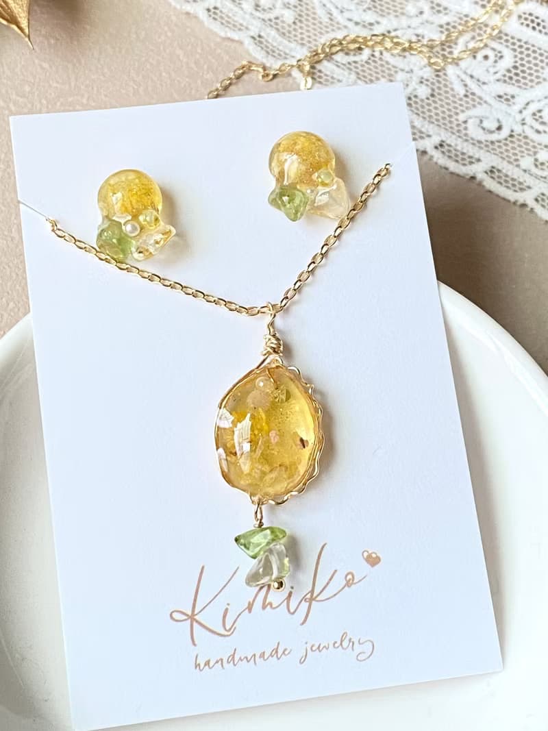 【不鏽鋼耳針・項鍊套裝組】金黃初秋光語 ・自然四季色彩