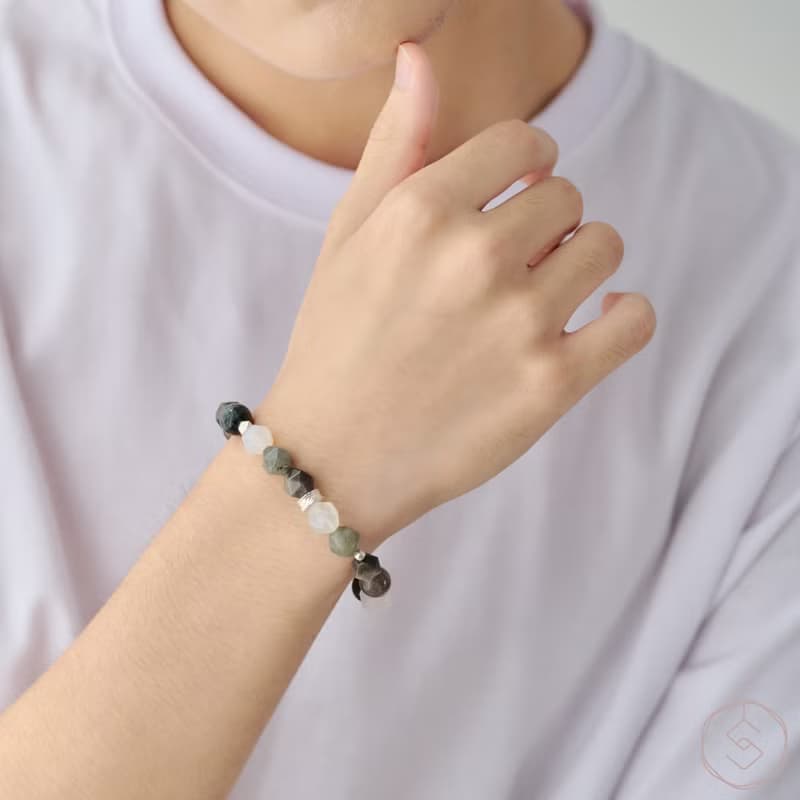 信使 | 銀曜石 黑太陽石 鷹眼石 拉長石 白瑪瑙 | 男款水晶手鍊