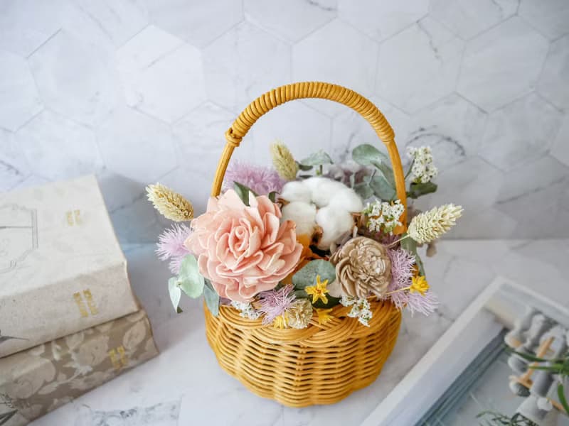 小型乾燥花提籃花【粉杏】乾燥花盆花/開幕/生日/入厝