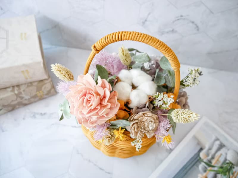 小型乾燥花提籃花【粉杏】乾燥花盆花/開幕/生日/入厝