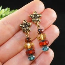 Multi Color Czech Glass Earrings Golden Floral Flower Earrings Woman Jewelry