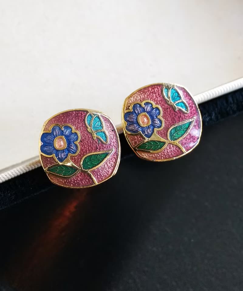 Vintage Jewelry 西洋古董飾品 景泰藍 小花卉 小巧 針式耳環
