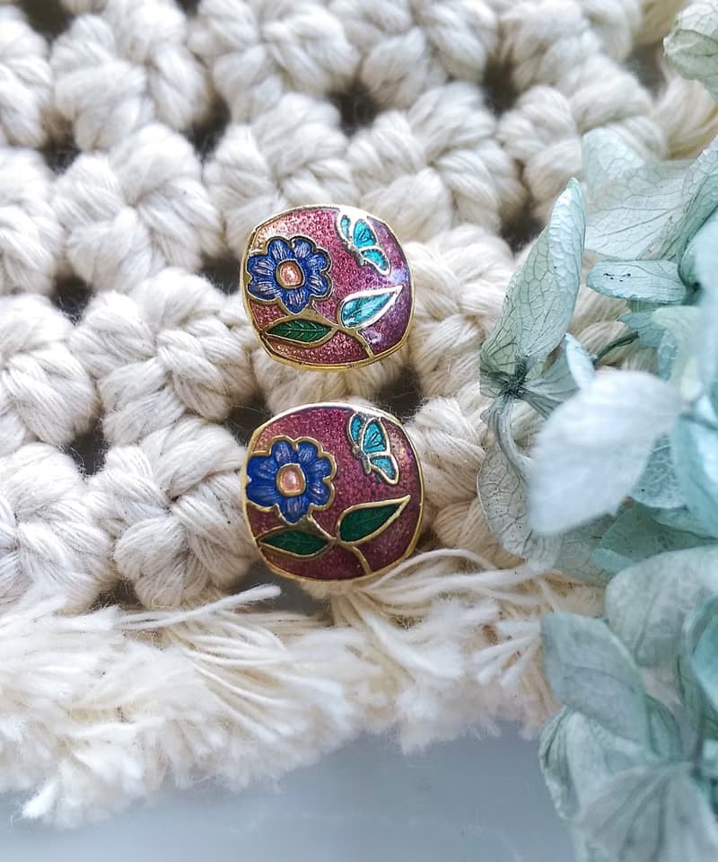 Vintage Jewelry 西洋古董飾品 景泰藍 小花卉 小巧 針式耳環