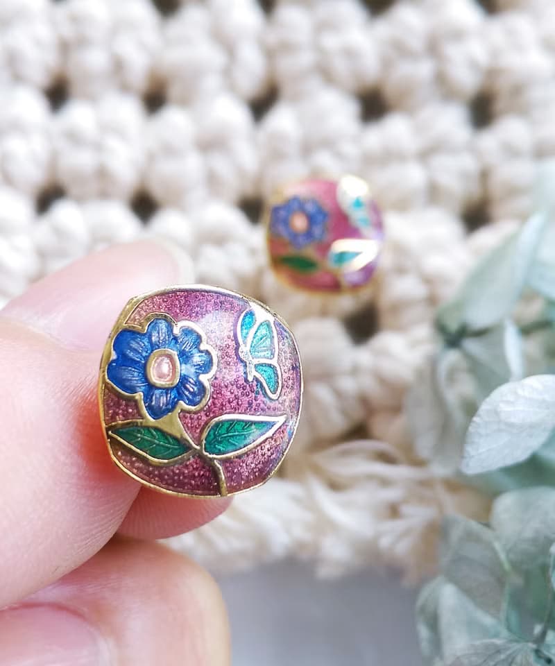 Vintage Jewelry 西洋古董飾品 景泰藍 小花卉 小巧 針式耳環
