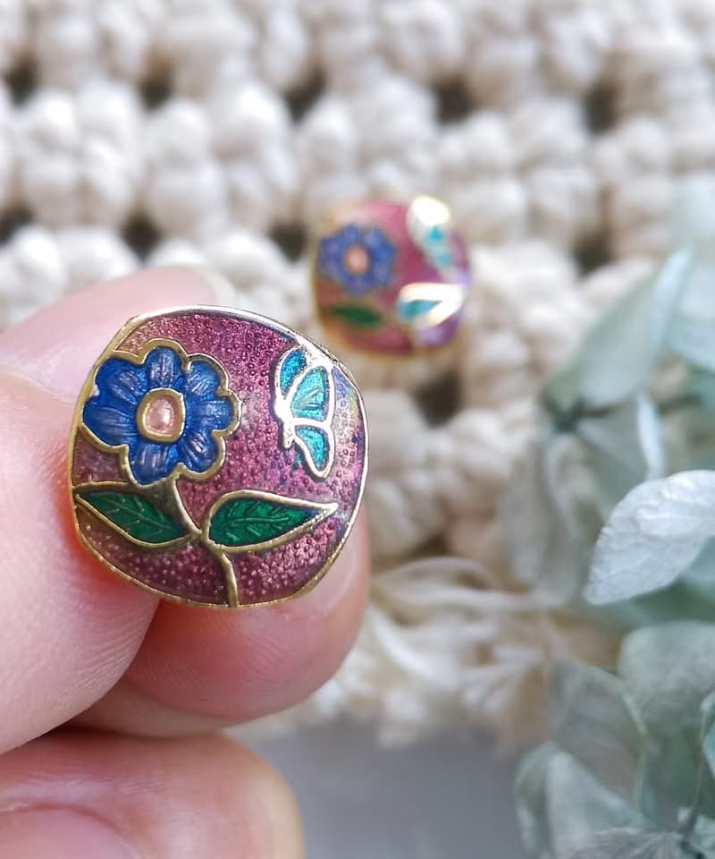 Vintage Jewelry 西洋古董飾品 景泰藍 小花卉 小巧 針式耳環