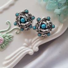美國西洋古董飾品 / 銀色玫瑰藍綠松石夾式耳環/復古首飾