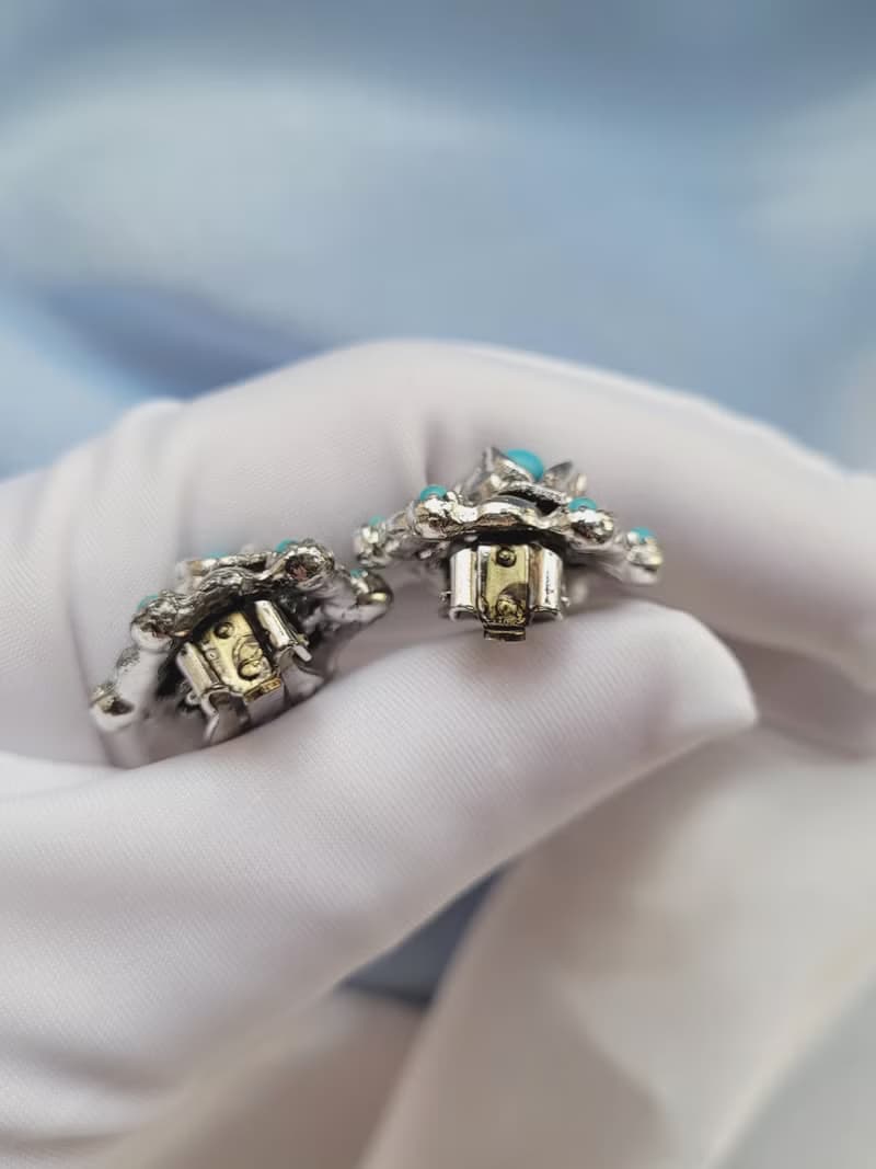 美國西洋古董飾品 / 銀色玫瑰藍綠松石夾式耳環/復古首飾