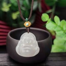 和田玉大肚笑佛佛公吊墜 白色偏粉玉項錬 配手工編繩 細膩油潤