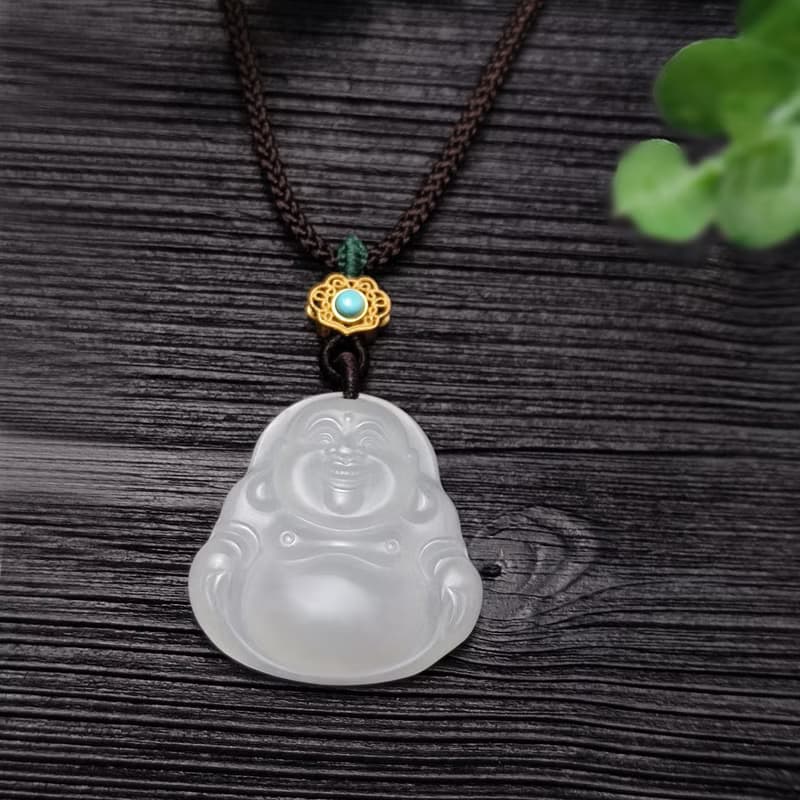 和田玉大肚笑佛佛公吊墜 白色偏粉玉項錬 配手工編繩 細膩油潤