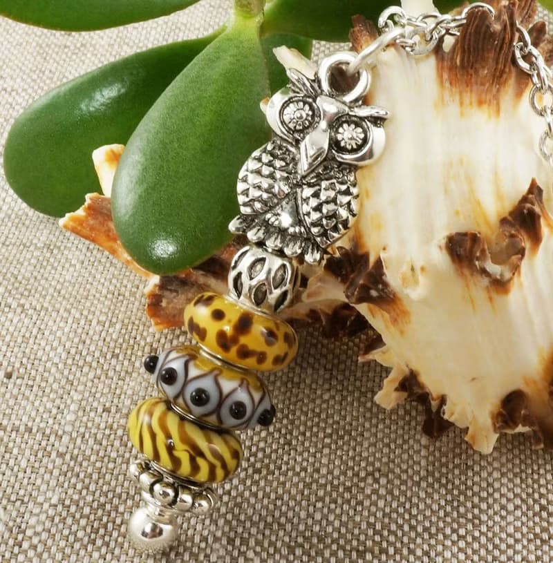 Silver Owl Yellow Lampwork Murano Glass Euro Charm Pendant Necklace Jewelry Gift