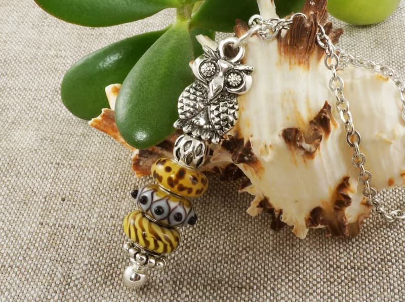 Silver Owl Yellow Lampwork Murano Glass Euro Charm Pendant Necklace Jewelry Gift
