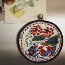 鴛鴦荷花 藍圓點手工織布 雙面用 夾棉防燙餐墊 隔熱布墊