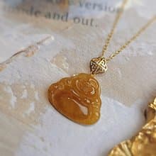 招財•樂活|純18k金無燒冰蜂蜜黃翡佛公|緬甸A貨翡翠吊墜項鍊