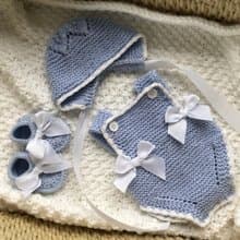 Hand knit blue and white romper, hat, booties. Take home outfit for baby boy. i