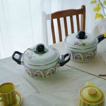 日本雜貨-昭和時代全新品白色馬賽克風格花朵珐瑯硬質兩手鍋2.2L