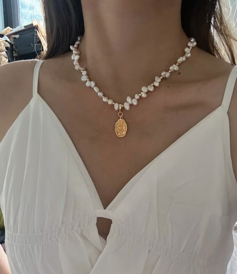YuanPearl天然野生keshi巴洛克珍珠設計款珍珠項鍊銀鍍18k金項鍊