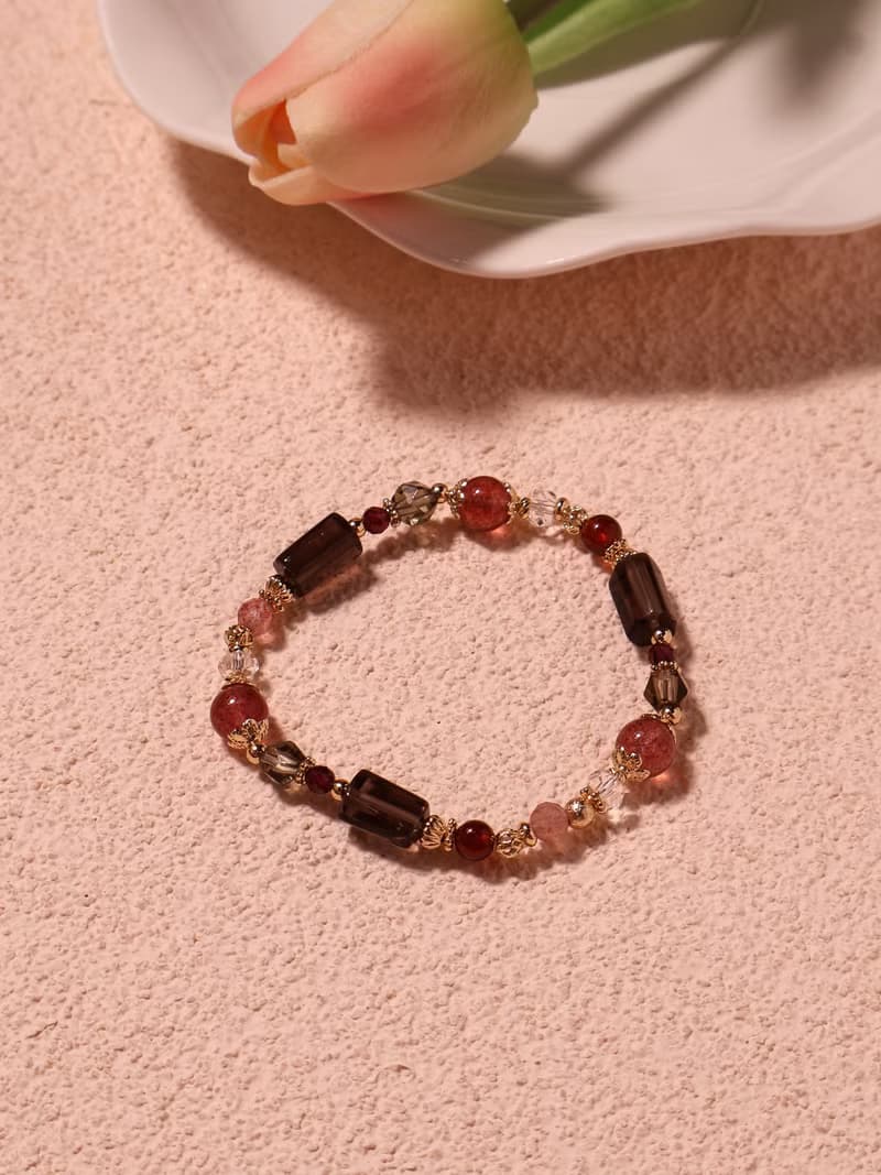玫瑰烏龍。茶晶 鴿血紅草莓晶 石榴石 14K包金 水晶礦石設計手鍊