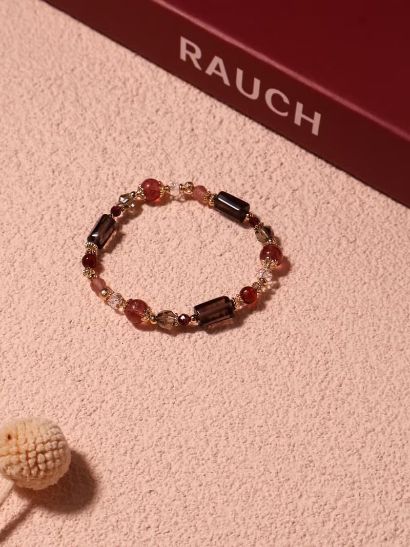 玫瑰烏龍。茶晶 鴿血紅草莓晶 石榴石 14K包金 水晶礦石設計手鍊