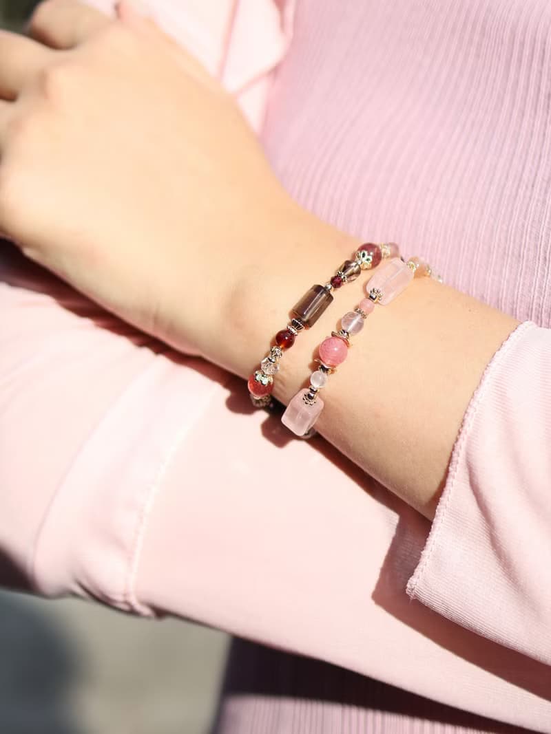 玫瑰烏龍。茶晶 鴿血紅草莓晶 石榴石 14K包金 水晶礦石設計手鍊