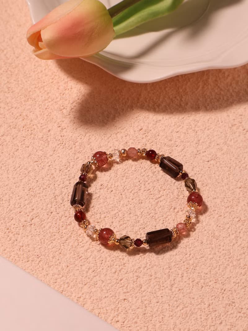 玫瑰烏龍。茶晶 鴿血紅草莓晶 石榴石 14K包金 水晶礦石設計手鍊