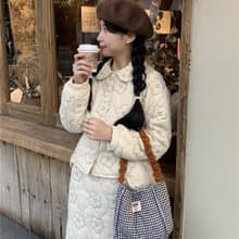 小花刺繡 可愛娃娃領 不規則上衣半身裙套裝棉服 小個子短外套