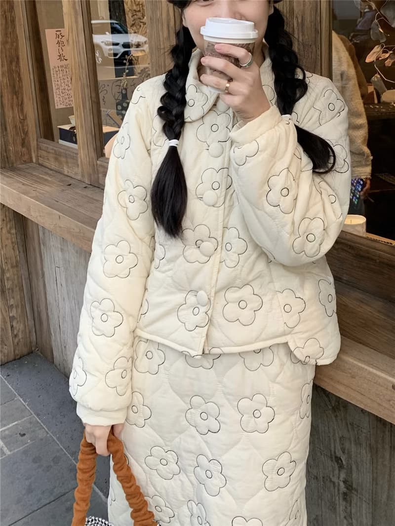 小花刺繡 可愛娃娃領 不規則上衣半身裙套裝棉服 小個子短外套