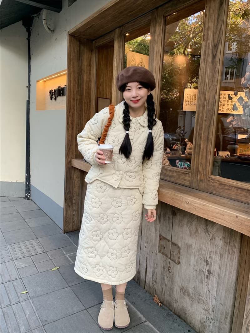 小花刺繡 可愛娃娃領 不規則上衣半身裙套裝棉服 小個子短外套