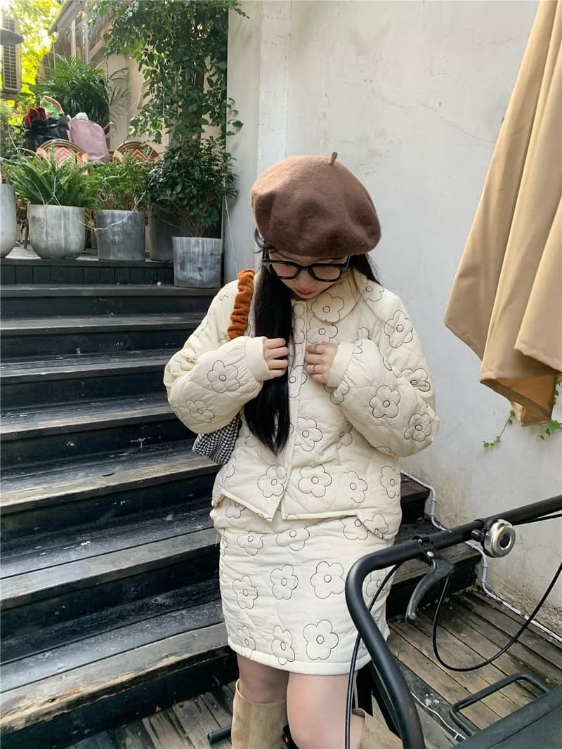 小花刺繡 可愛娃娃領 不規則上衣半身裙套裝棉服 小個子短外套