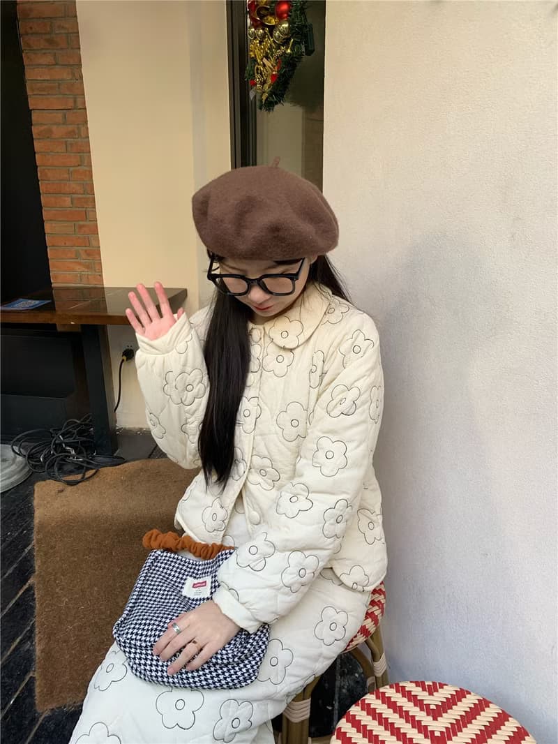 小花刺繡 可愛娃娃領 不規則上衣半身裙套裝棉服 小個子短外套