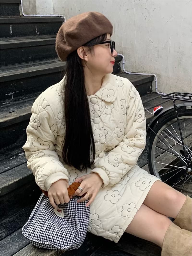 小花刺繡 可愛娃娃領 不規則上衣半身裙套裝棉服 小個子短外套