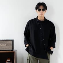Blue & J Natural Linen with White Buttons Mandarin Collar Shirt - Black