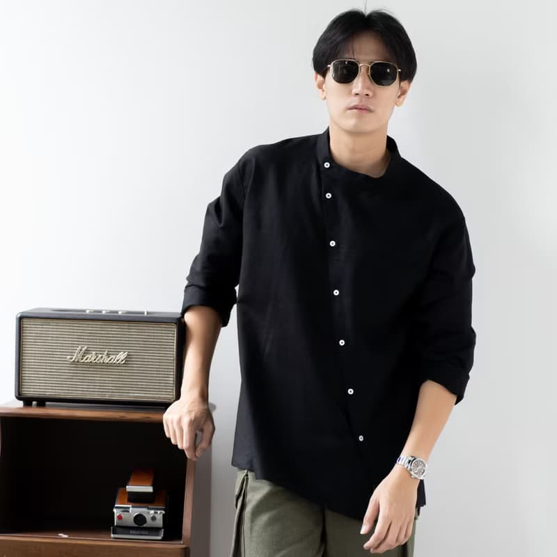Blue & J Natural Linen with White Buttons Mandarin Collar Shirt - Black