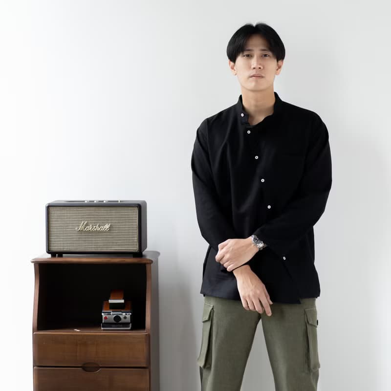 Blue & J Natural Linen with White Buttons Mandarin Collar Shirt - Black