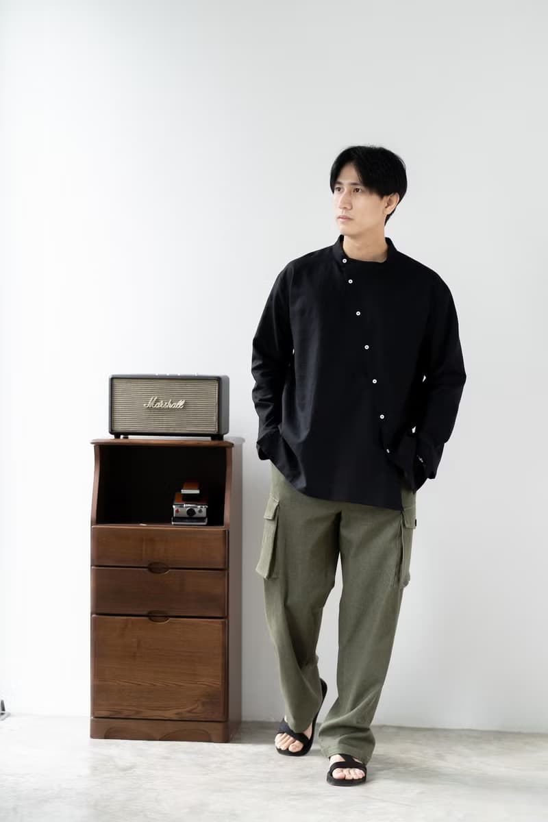 Blue & J Natural Linen with White Buttons Mandarin Collar Shirt - Black