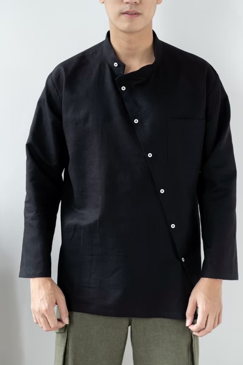 Blue & J Natural Linen with White Buttons Mandarin Collar Shirt - Black