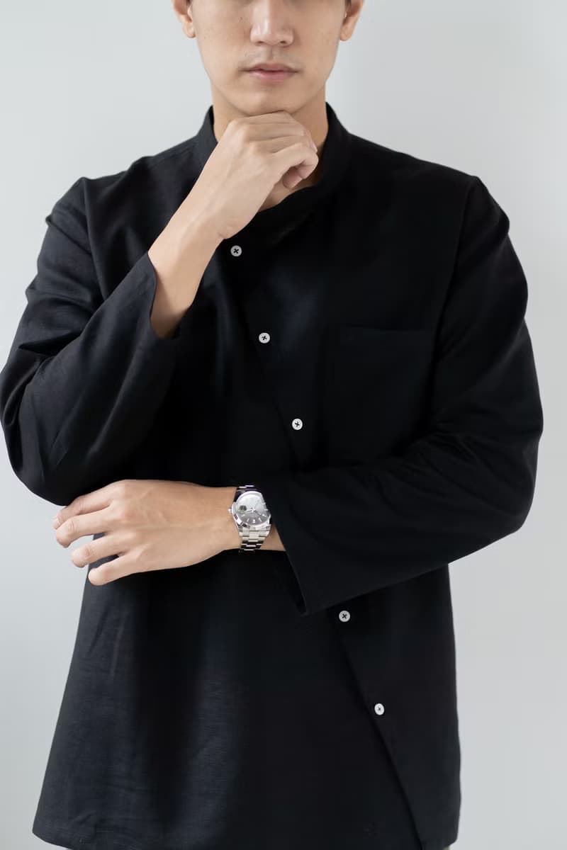 Blue & J Natural Linen with White Buttons Mandarin Collar Shirt - Black