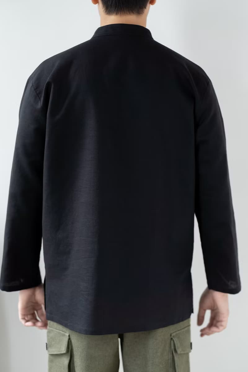 Blue & J Natural Linen with White Buttons Mandarin Collar Shirt - Black