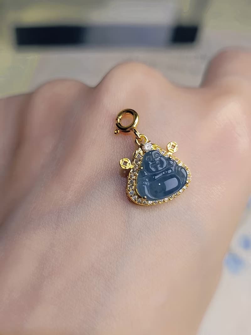 招財|稀有神秘濃冰玻星空藍紫|A貨翡翠純銀精緻財神佛公款隨意扣