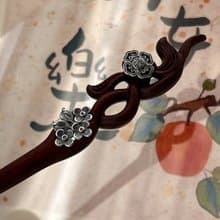 紅檀木髮簪鑲嵌925純銀小花  簡約大方