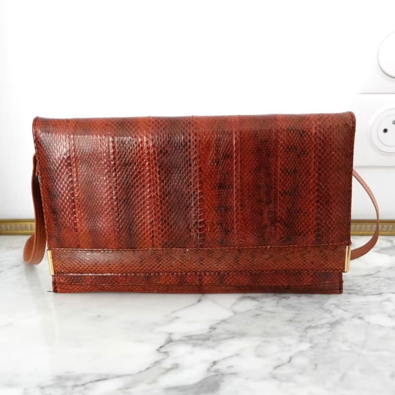 法國復古啡紅色蛇皮袋